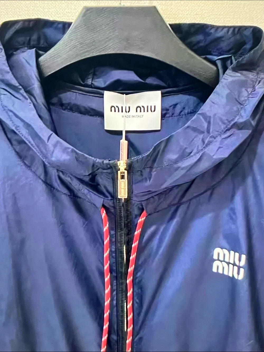 Miu Miu Navy Hooded Bomber Jacket with Contrast Drawcord